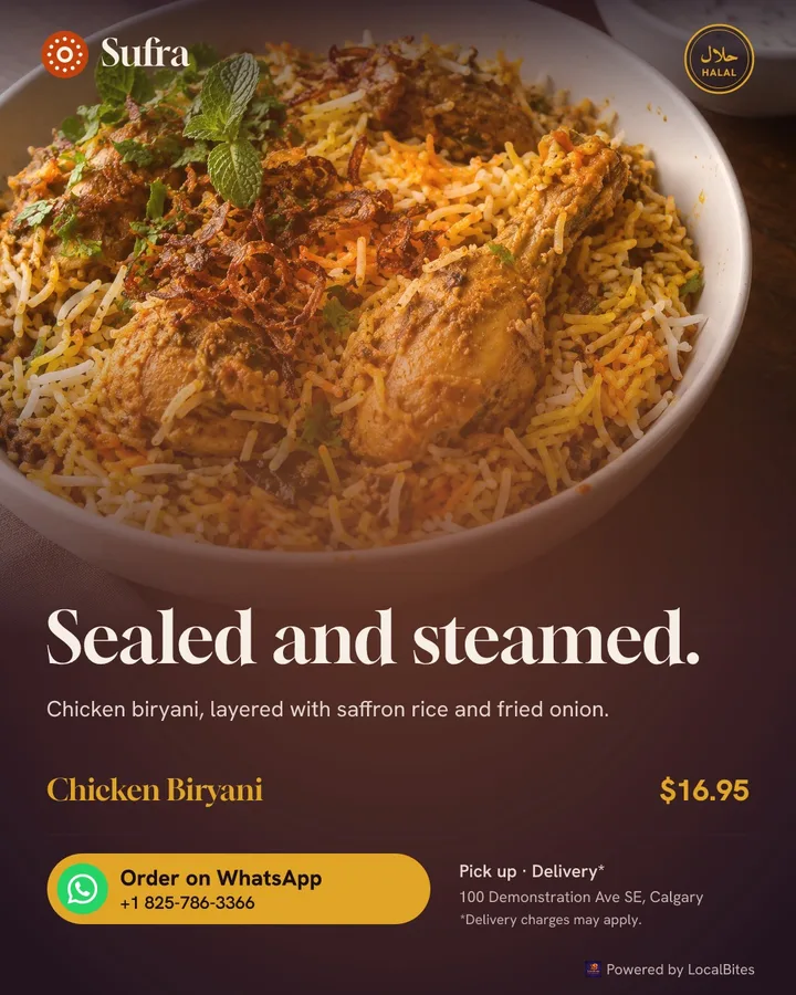 Monday post: Chicken Biryani, $16.95, headline “Sealed and steamed.”