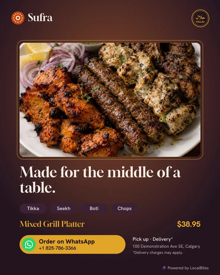 Thursday post: Mixed Grill Platter, $38.95, headline “Made for the middle of a table.”